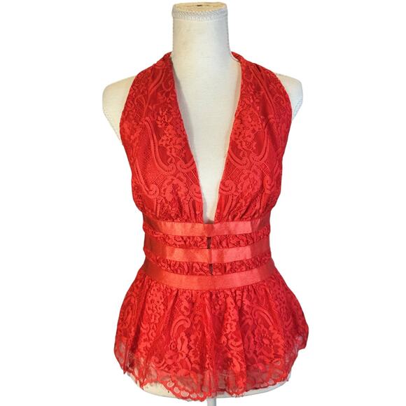 bebe Tops - Bebe Lace Halter Peplum Top Poppy Red Women’s Small Plunge Satin Waist Y2K Party